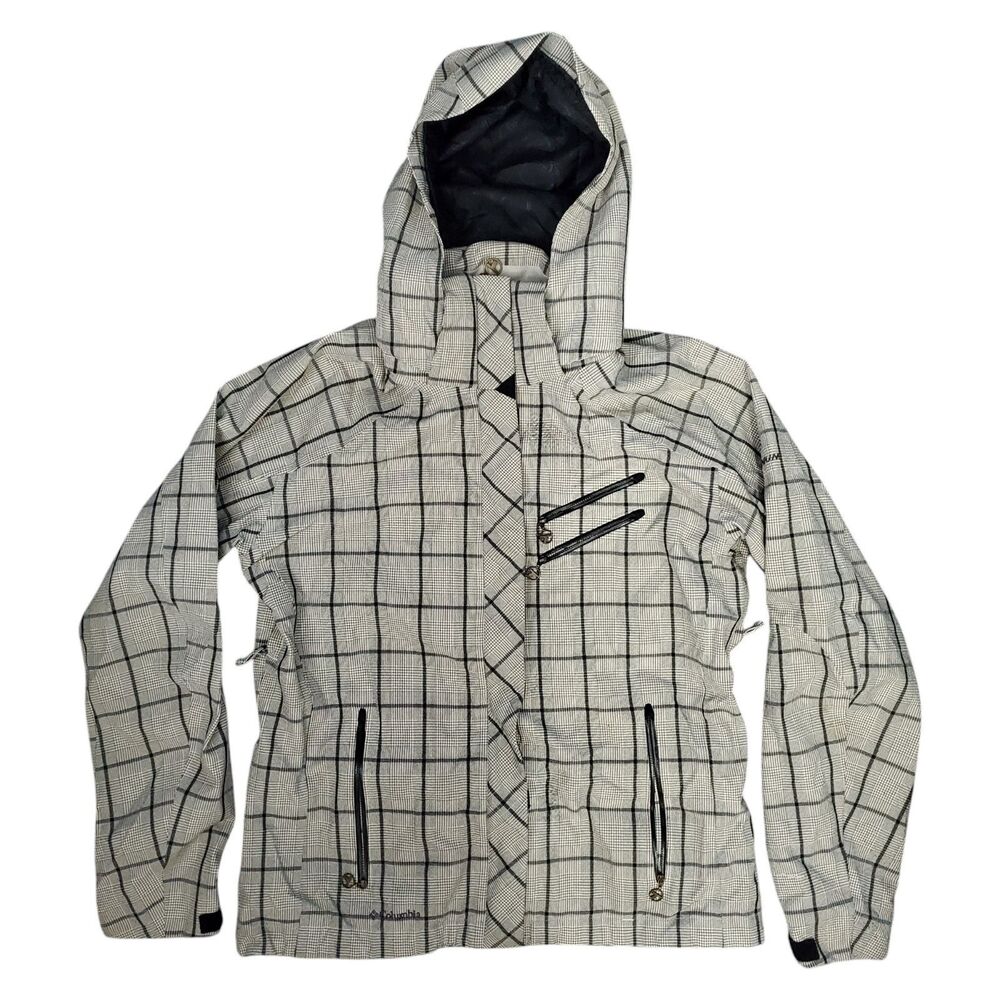 COLUMBIA Jacket TITANIUM Womens Large Gray Windowpane Plaid Waterproof Hooded